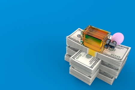 Perfume bottle on stack of money isolated on blue background. 3d illustrationの写真素材