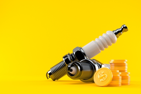 Car candles with stack of coins isolated on orange background. 3d illustration