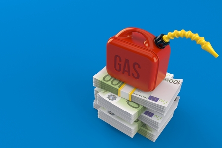 Gasoline can on stack of money isolated on blue background. 3d illustration