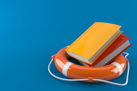 Life buoy with books isolated on blue background. 3d illustrationの写真素材