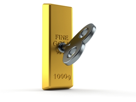 Gold ingot with clockwork key isolated on white background. 3d illustrationの写真素材