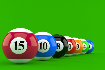 Billiard balls isolated on green background. 3d illustration