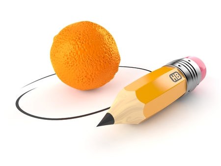 Orange with pencil isolated on white background. 3d illustrationの写真素材