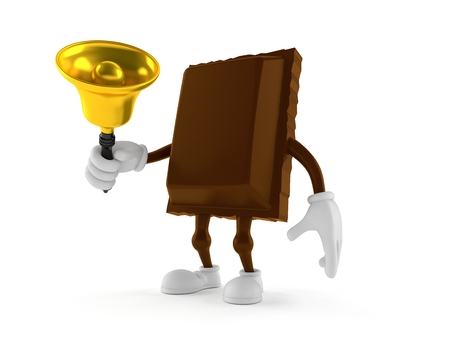 Chocolate character holding hand bell isolated on white background. 3d illustrationの写真素材
