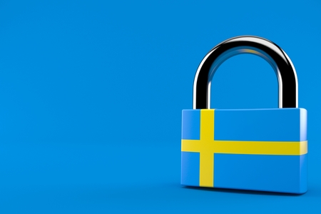 Padlock with swedish flag isolated on blue background. 3d illustrationの写真素材