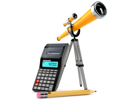 Telescope with calculator and pencil isolated on white background. 3d illustrationの写真素材