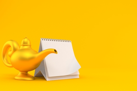 Magic lamp with blank calendar isolated on orange background. 3d illustrationの写真素材
