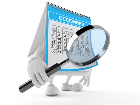 Calendar character looking through magnifying glass isolated on white background. 3d illustrationの写真素材