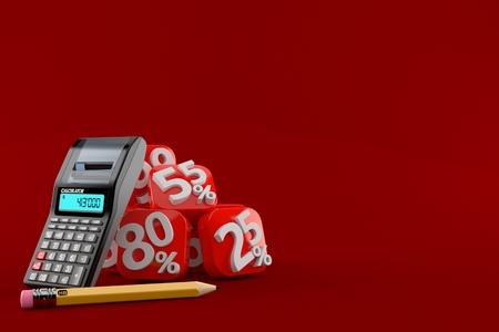 Percent numbers with calculator and pencil isolated on red background. 3d illustrationの写真素材