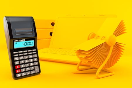 Office background with calculator in orange color. 3d illustrationの写真素材