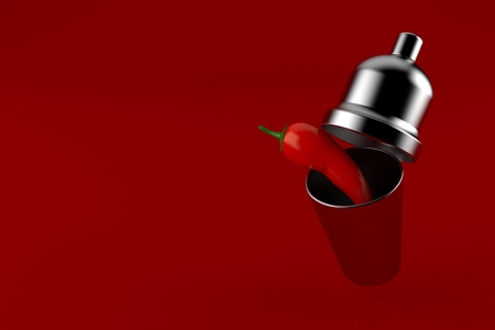 Hot pepper inside cocktail shaker isolated on red background. 3d illustrationの写真素材