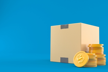 Package with stack of coins isolated on blue background. 3d illustrationの写真素材