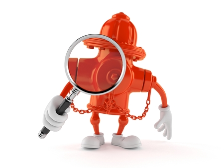 Hydrant character holding magnifying glass isolated on white background. 3d illustrationの写真素材