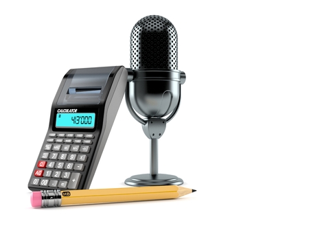 Radio microphone with calculator and pencil isolated on white background. 3d illustrationの写真素材