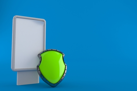 Protective shield with blank billboard isolated on blue background. 3d illustrationの写真素材