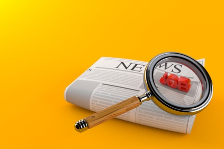 Newspaper with magnifying glass isolated on orange background. 3d illustrationの写真素材