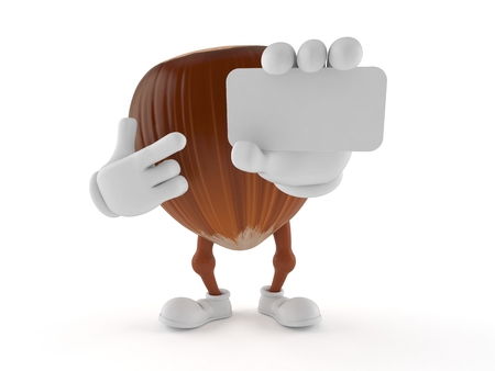 Hazelnut character holding blank business card isolated on white background. 3d illustrationの写真素材