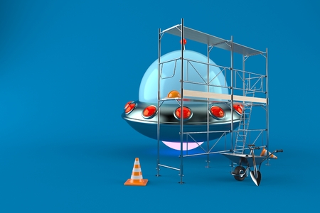 UFO with scaffolding isolated on blue background. 3d illustrationの写真素材