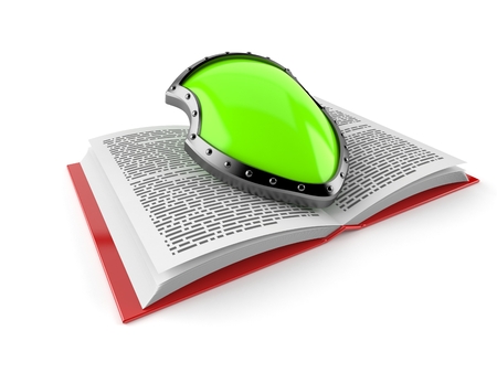 Protective shield on open book isolated on white background. 3d illustrationの写真素材