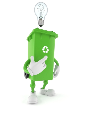 Dustbin character having an idea isolated on white background. 3d illustrationの写真素材