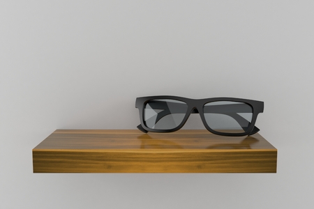 Glasses on wooden shelf isolated on gray background. 3d illustrationの写真素材