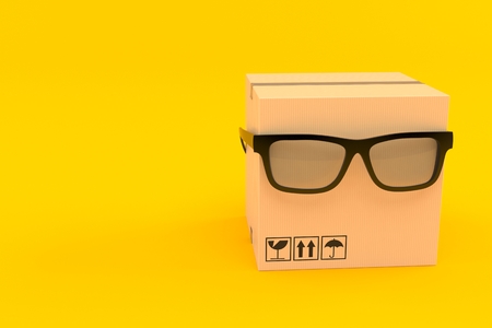 Package with glasses isolated on orange background. 3d illustration
