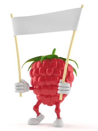 Raspberry character holding blank banner isolated on white background. 3d illustrationの写真素材