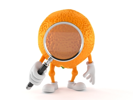 Orange character looking through magnifying glass isolated on white background. 3d illustrationの写真素材