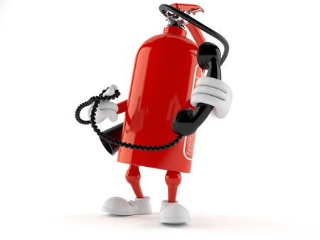 Fire extinguisher character holding a telephone handset isolated on white background. 3d illustrationの写真素材