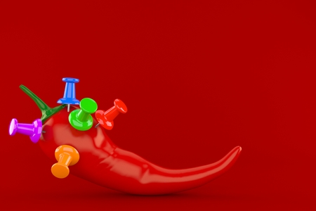 Hot paprika with thumbtacks isolated on red background. 3d illustrationの写真素材
