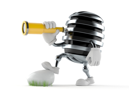 Microphone character looking through a telescope isolated on white background. 3d illustrationの写真素材