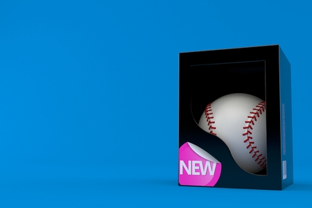 Baseball ball inside merchandise box isolated on blue background. 3d illustrationの写真素材