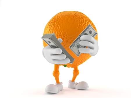 Orange character counting money isolated on white background. 3d illustrationの写真素材