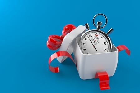 Gift with stopwatch isolated on blue background. 3d illustrationの写真素材