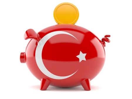 Piggy bank with turkish flag isolated on white background. 3d illustrationの写真素材