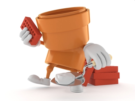 Pipe character with trowel and bricks isolated on white background. 3d illustrationの写真素材