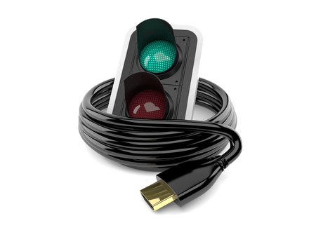Green traffic light with hdmi cable isolated on white background. 3d illustration