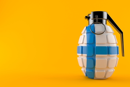 Hand grenade with finnish flag isolated on orange background. 3d illustrationの写真素材