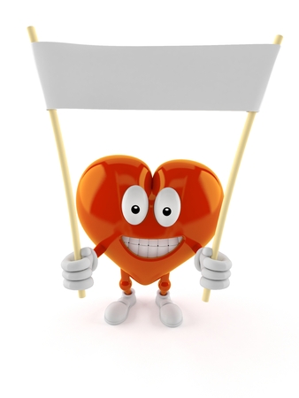 Heart character holding blank banner isolated on white background. 3d illustrationの写真素材