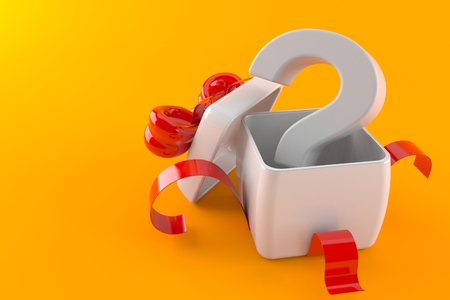 Open gift with question mark isolated on orange background. 3d illustrationの写真素材