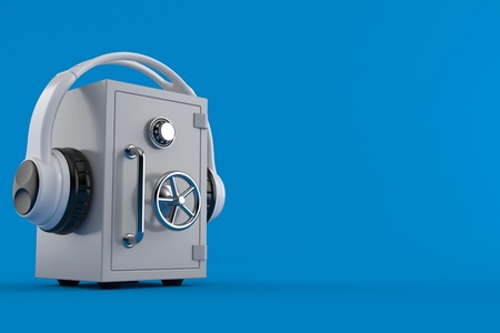 Safe with headphones isolated on blue background. 3d illustration