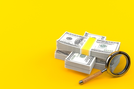 Dollar currency with magnifying glass isolated on orange background. 3d illustrationの写真素材