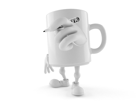 Mug character holding marker isolated on white background. 3d illustrationの写真素材