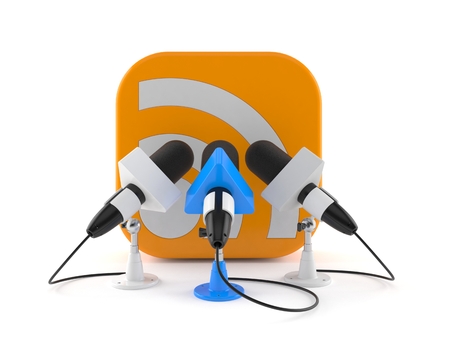 RSS icon with interview microphones isolated on white background. 3d illustrationの写真素材