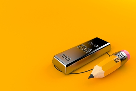 Silver ingot with pencil isolated on orange background. 3d illustrationの写真素材