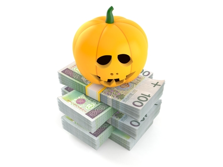 Jack o'lantern on stack of money isolated on white background. 3d illustrationの写真素材