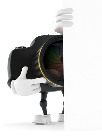 Camera character behind white wall isolated on white background. 3d illustrationの写真素材
