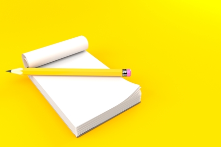 Notepad with pencil isolated on orange background. 3d illustration