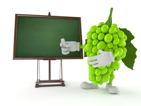 Grapes character with blank blackboard isolated on white background. 3d illustrationの写真素材