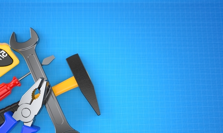 Work tools on blueprint background. 3d illustrationの写真素材